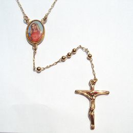 Loyal Womens Cool 14 K Or Jaune Rempli Croix Crucifix Pendentif Rosario Chapelet Perles Collier Chaîne