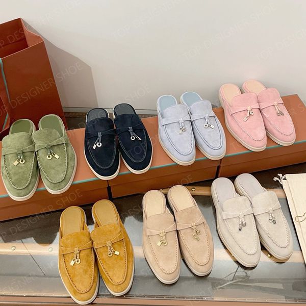 LP Summer Walk Charms Embelli les glissements de daim glissiers Mules Sandales Chaussures plates Men Femmes Cuir Casual Slip-On Moccasins Ladies Classic Outdoor 35-46 avec boîte