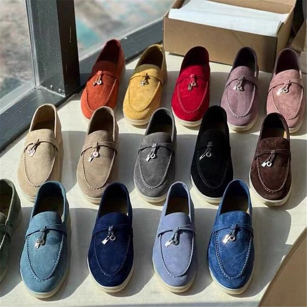 LP daim chaussures plates femme sans lacet femmes mocassins serrure en métal décorer bout rond Mules plates chaussures décontractées été dames chaussures