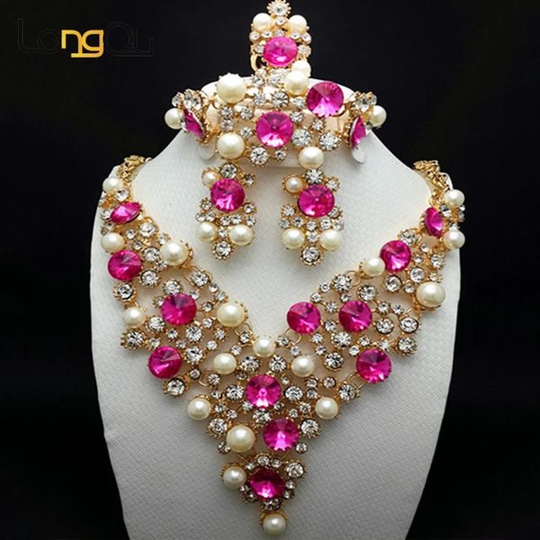 LQ Clearance Mariage nigérian Rose Crystal Stones African Beads Bijoux Ensemble pour les femmes Elegant Dubai Collier Earge de boucle 240320