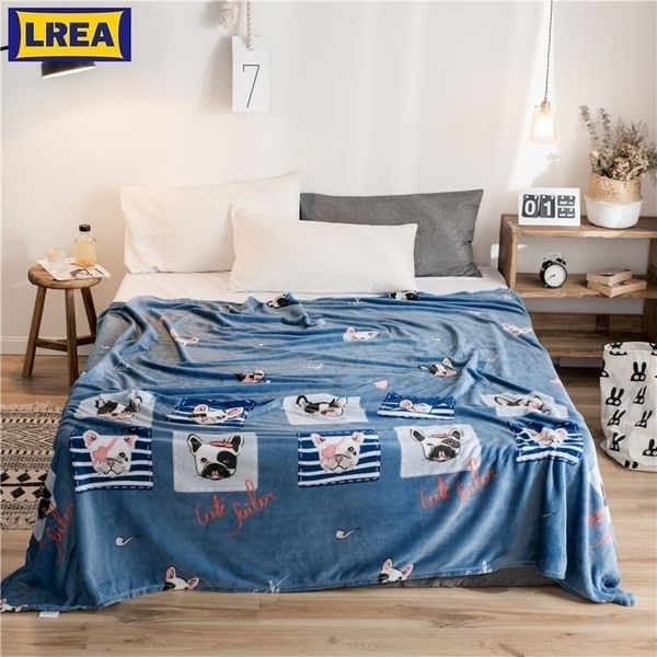 LREA Dier Cartoon fleece Gooi Deken voor Kinderen Sprei Bulldog Sofa Cover 1 st winter decoraties thuis Y200417