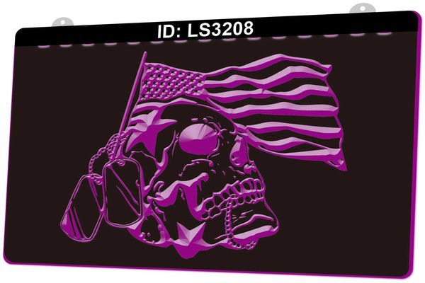 LS3208 Drapeau américain Crâne Gravure 3D Signe lumineux LED Vente en gros au détail