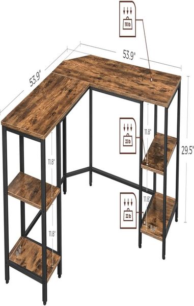 Bureau d'angle d'ordinateur en ligne avec rangement pour le bureau à domicile 4 étagères Écriture de l'étude de travail Rustic Brown et Black8373202