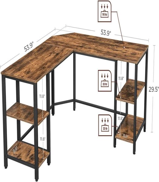 Bureau d'ordinateur en forme de L, bureau d'angle avec rangement pour bureau à domicile, 4 étagères, poste de travail d'écriture, marron rustique et noir 9057905