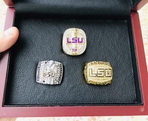 LSU 3PCS 2003 2007 2018 Tijgers Nationals Team Champions Championship Ring met Houten Doos Souvenir Men Fan Gift 2019 2020 Groothandel