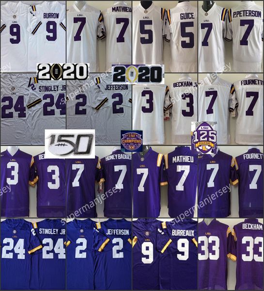 LSU Tigers 40 Jersey de fútbol blanco 3 Odell Beckham Jr.9 Burreaux 9 Joe Burrow 2 Justin Jefferson Púrpura Camisetas cosidas para hombre Campeones 125 5 Derrius Guice