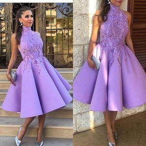 LSYX Purple High Neck Homecoming DRS 2024 Mouwtjes Lace Applique Avond DRSE SATINE KNIE-LINE A-LINE PARTY PROM JADE 0518