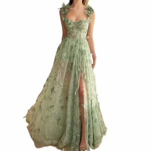 LSYX SAGE GREEN 3D LACE BUTDEN Sweetheart prom DRES 2024 Spaghetti-riemen A-Line High Slit Fairy Evening Jurk Lace Up V9WG#