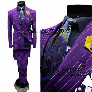 Costumes de mariage à rayures violettes de style italien pour hommes Slim Fit Peak Revers Tuxedos de marié 2PCS Ensembles élégants Blazer masculin Trajes de hombre Z2FS #
