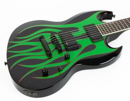 LTD Metallic James Hetfield Grynch Signature Green Flame Black SG Guitarra eléctrica White Pearl Dot Inlay China EMG Pickups Black Hardware