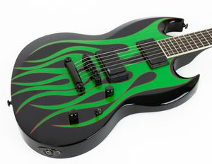 LTD Metallic James Hetfield Grynch Signature Green Flame Black SG Guitare électrique White Pearl Dot Inlay China EMG Pickups Black Hardware