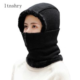 Ltnshry Hombres Mujeres Gorros de invierno Gorros de una pieza con forro polar Conjunto de máscara de punto Cráneo Calentador de cuello Bufanda Esquí Gorro de nieve Súper cálido Suave 240311