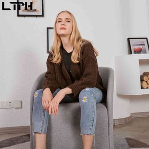 LTPH herfst winter aankomst eenvoudige vintage v-hals knop vest vrouwen trui losse luie stijl alle match truien jas 210427