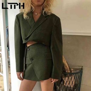 LTPH mode corduroy hoge taille pakket hip rok pakken ontwerp slanke korte blazer jas vrouwen twee ponen instellen herfst 210730