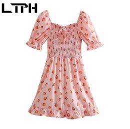 LTPH Sweet Vintage Square Collar Puff Sleeve Dames Draai Peach Print High Taille Elastic Ruffles -jurken Spring Summer 21042390353999