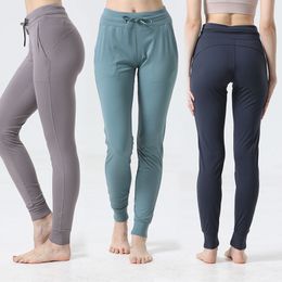 lu-01 Pantalones de Yoga para correr para mujer, pantalones noveno con bolsillo para Fitness, cintura alta suave, elevador de cadera, pantalones elásticos informales, pantalones de chándal con cordón en las piernas