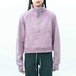 Lu-022 – sweat à capuche demi-fermeture éclair pour femmes, tenues de Yoga, pull à col montant, manteau en peluche haute, veste ample 5