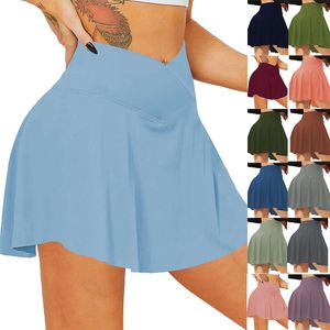 Jupe de Tennis taille croisée pour femmes, avec poches, Fitness en plein air, Yoga, courte, fausse jupe plissée deux pièces, LU-025