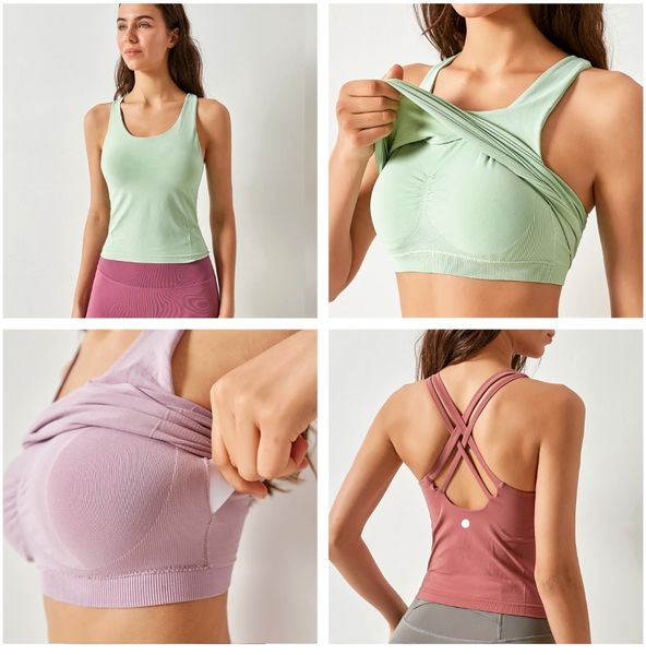 LU-1174 Débardeurs d'entraînement de remise en forme à dos croisé pour femmes avec soutien-gorge intégré gilet de sport résistant aux chocs pour chemises de gymnastique de Yoga soutien-gorge de débardeur de course