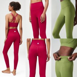 Pantalones de Yoga de LU-1247, pantalones deportivos de Fitness cepillados de doble cara con cierre de hilo sin vergüenza, sensación desnuda, color melocotón, alta elasticidad