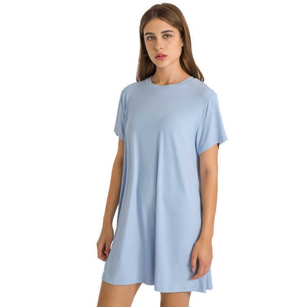 lu-13 Français Col Rond Casual Femmes Robe Solide Couleur Peau Fermer Nu Sentiment Plissé Lâche Yoga Costume Chemise Robes Workout Gym Vêtements Vente Chaude