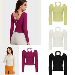 LU-1576 Vrouwen verticaal geribbelde yoga shirt sexy vlinder band nek sport shirt lange mouw slanke fit fitness shirt