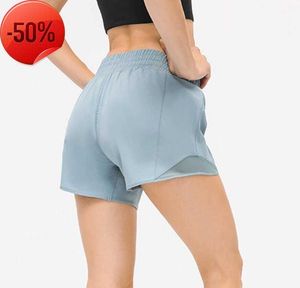 LU-16 Taille élastique en maille pour femme - Short chaud pour yoga, course à pied, fitness, décontracté, ample, respirant, poche zippée cachée, sport court, vêtements de sport pour femme