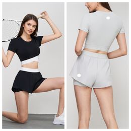 LU-1932 Tour de taille croisé avec ourlet de tennis Fiess lululy Chemises de yoga lululemomly T-shirt de course à séchage rapide Faux short de yoga en deux pièces Costume de sport