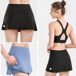 LU-3007 Vrouwen Nep Twee Stukken Sportshorts Vrouwelijke Elastisch Sneldrogend Running Yoga Broek Antislip Hoge Taille Fitness rok