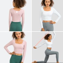 LU-3008 Tenue de Yoga Slim pour femmes, manches longues, col carré, chemises de sport, haut de Fitness, T-Shirt de Yoga de couleur unie avec coussinet de poitrine