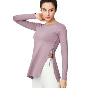 LU-409 simple côté plissé Yoga haut costume à manches longues fendu Fitness costume sport respirant chemise femmes vêtements de sport