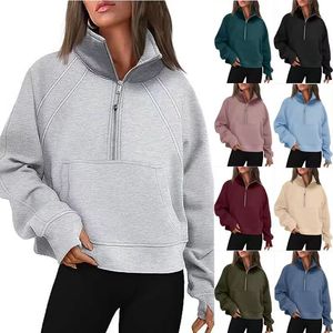 Lu-43 Automne Hiver Vêtements De Yoga Plongée À Capuche Demi-Zip Pull De Sport Pour Femme Coupe Ample Manteau En Peluche Sweat De Sport Pour Femme Veste De Sport De Yoga À Capuche Courte Pour Femme