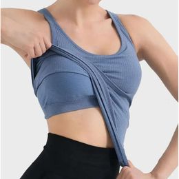 Lu-44 Haut de yoga pour femmes, débardeur court sans manches avec soutien-gorge rembourré, coupe cintrée, gilet d'entraînement, de course, de Sport athlétique, solide, exercice de Fitness Gy 11