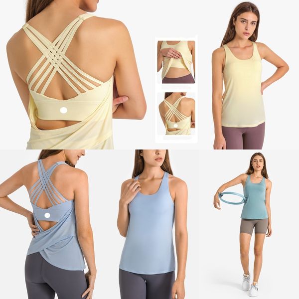 LU-656 femmes fausses deux pièces Tank Bra 2 en 1 Sports Yoga Crop Top Workout Athletic Vest avec un soutien-gorge intégré pour femmes sous-vêtements Running Fitness Gym Woman T-shirts