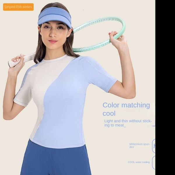 Lu Align Color Mens Double Chándales 2024 Camisa de yoga Manga corta Sensación fresca Tela Tenis Camiseta Slim Bádminton Entrenamiento Ropa Fitness Top Mujeres Limón Deportes