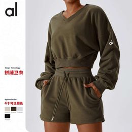 Lu Align Sudadera con capucha Chaqueta para mujer Traje de camiseta AL Yoga Manga larga Mujer Suelto Deportes Comodidad Al aire libre Cálido Cuello en V Crop Top Jersey Versátil Casual Suéter Jogger Gr