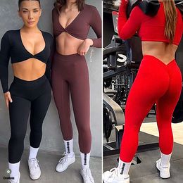 Lu Align Lu Pant Yoga Sport 12Pcs Pad Long Manches Courtes Align Crop Tops Femmes Ensemble Sport Gym Scrunch V Back Fitness Leggings Pantalon d'entraînement Costumes Actifs Citrons LL Exercice L