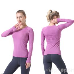 Lu Align Lu Yoga Camiseta deportiva de manga larga para mujer Entrenamiento ajustado Rápidamente Tecnología Estiramiento completo Camisetas de gimnasio Elasticidad Tops para correr Camiseta de color sólido popular Moda para niña