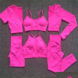 Lu Align Femmes sans couture Yoga Survêtements Ensemble d'entraînement de sport Vêtements de sport Fitness à manches longues Crop Top Taille haute Leggings Sports S Dhqgf