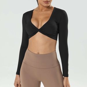 Lu Align Sleeve VITALINOVO Long Gym Tops Mujeres Twist Deep V Entrenamiento Crop Camiseta Secado rápido Acolchado Deportes Fiess Yoga Top op 2024 Gym Le