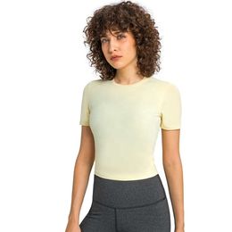 Lu uitlijnt t-shirt vrouwen zomer tee ronde nek yoga kleding ademende snel drogende vrije tijd sport korte mouw elastische slanke t-shirt vrouwen