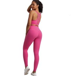 LU ALIGN WOORD VROUW Fitness Outfit Gym Solid Set Color Legging Back Cross Sport Bra Top 2pc Suit training Jog Womencutout Tie Round Neck Lemon Lady Gry Sports Girls