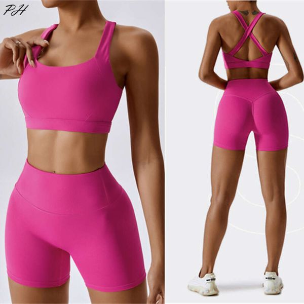 Lu Align Conjuntos deportivos para mujer Trajes de verano Sensación desnuda Fitness Ropa deportiva Mujer Chándal sólido Sujetador deportivo con espalda cruzada sexy Pantalones cortos de gimnasio Ropa de entrenamiento Jogger Lemon Lady G