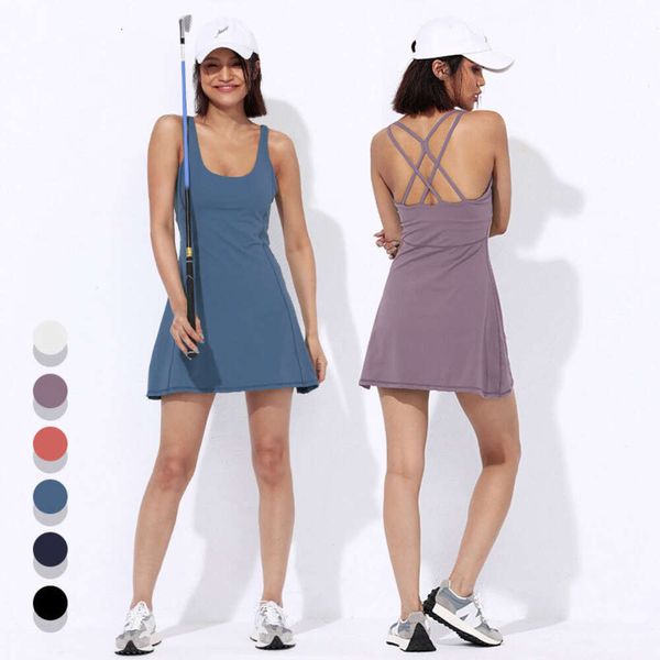 Lu Align femme robe de sport femmes ensemble court Tennis deux pièces femme costume d'entraînement entraînement Fitness dos croisé sans manches volley-ball jupes blanches woman Lemon Lady Gry S