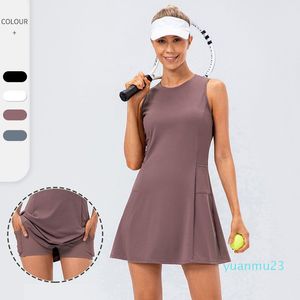 LU Siamese tennisrok Yoga Fitnessjurk Brokaat Naakt Ademend Anti-licht Casual Golf Sport Korte rok Tweedelig pak