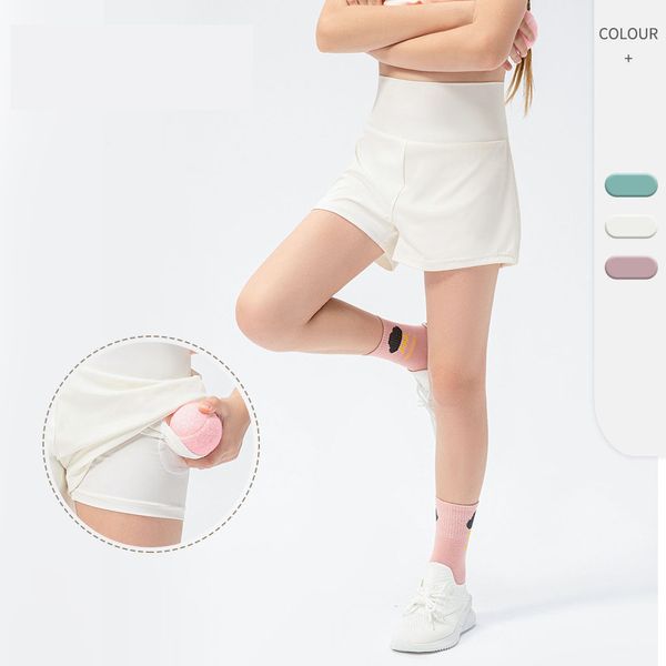 LU Pantalons de sport de course amples pour filles Faux deux pièces de shorts pour enfants Shorts de tennis d'entraînement de vitesse lisse sur glace 5-10 ans