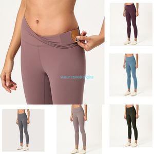 LU Collants taille haute Pantalon de yoga de couleur unie avec leggings élastiques T-line Pantalon de survêtement Naked Feeling avec poche à la taille Pantalon de fitness pour femme Classic Tight