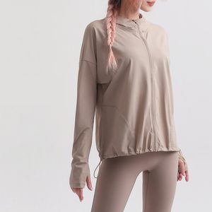 Lu Veste décontractée à capuche avec fermeture éclair pour femme - Protection solaire - Mince - Haut de course - Veste de sport avec trou pour les doigts - Veste de yoga à manches longues