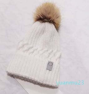 Gorros con pompones tejidos con etiqueta LU, gorros gruesos de invierno para mujer, gorros con pompones de piel de mapache auténtica, chica cálida