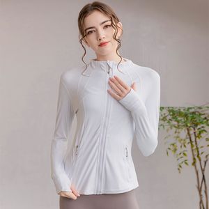 lu lemens Veste de yoga mince pour femme Fitness Automne Solide Respirant Entraînement Gym Manteau Course Sport Sweat-shirts Fermeture Éclair Nylon Hauts Serrés